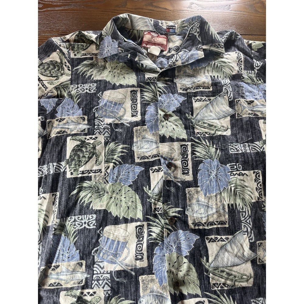 RJC Ltd Hawaiian Button Up Short Sleeve Shirt Sharks Turtles Fish Large Made USA